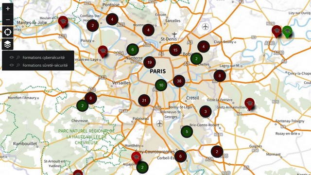 Carte interactive des formations professionnelles "cybersécurité" et "sécurité/sûreté" dans les lycées d'Île-de-France